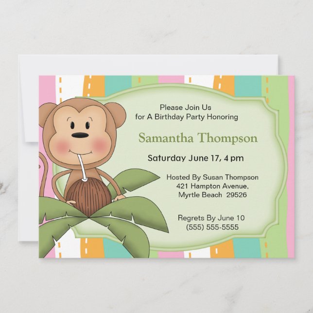 Coconut Monkey  Birthday Invitations (Front)