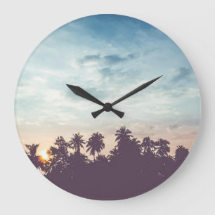 Coconut tree silhouette, tropical sunset. large clock