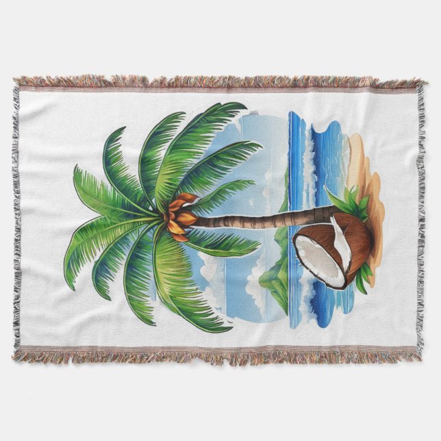 Coconut Tree Tropical Island Throw Blanket (Front)