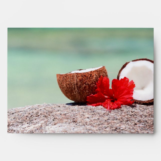 Coconut with tropical flower on exotic coast envelope (Front)