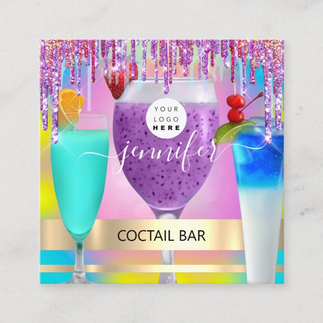 Coctail Pub Wine Restaurant Logo Holographic Drink Square Business Card (Front)