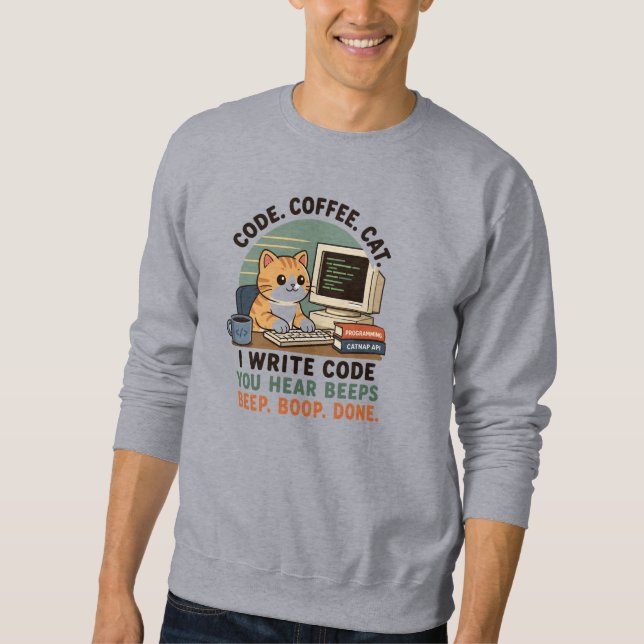 Code Coffee Cat Programmer Humour Illustration Sweatshirt (Front)