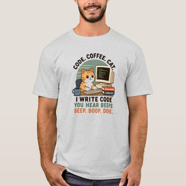 Code Coffee Cat Programmer Humour Illustration T-Shirt (Front)