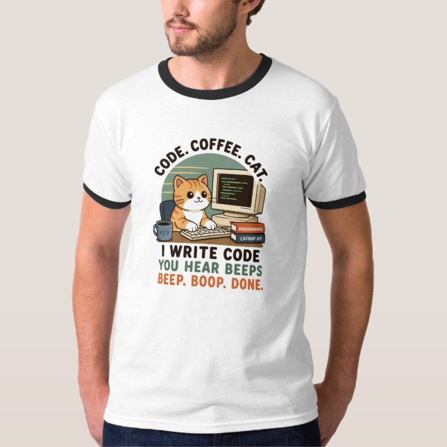 Code Coffee Cat Programmer Humour Illustration T-Shirt (Front)