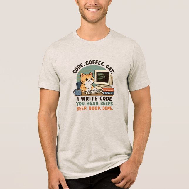 Code Coffee Cat Programmer Humour Illustration Tri-Blend Shirt (Front)