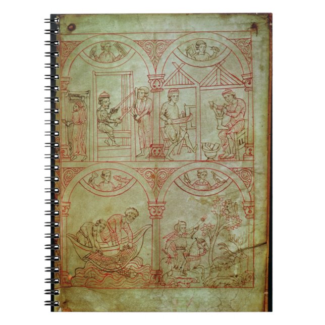 Codex 507 fol.2r Weaver, Shoemaker, Fishermen and Spiral Notebook (Front)