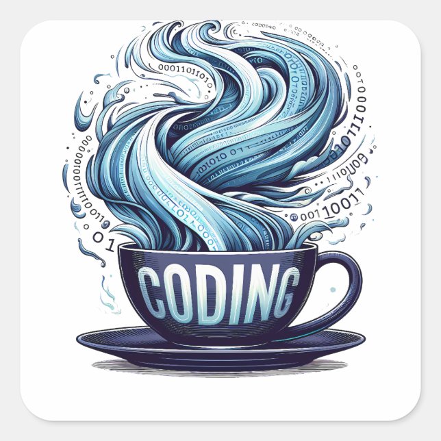Coding Coffee Cup Binary Stream Square Sticker (Front)