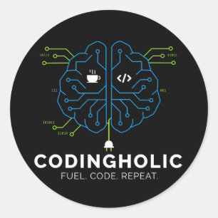 Codingholic Tech Brain Programmer Dark Classic Round Sticker