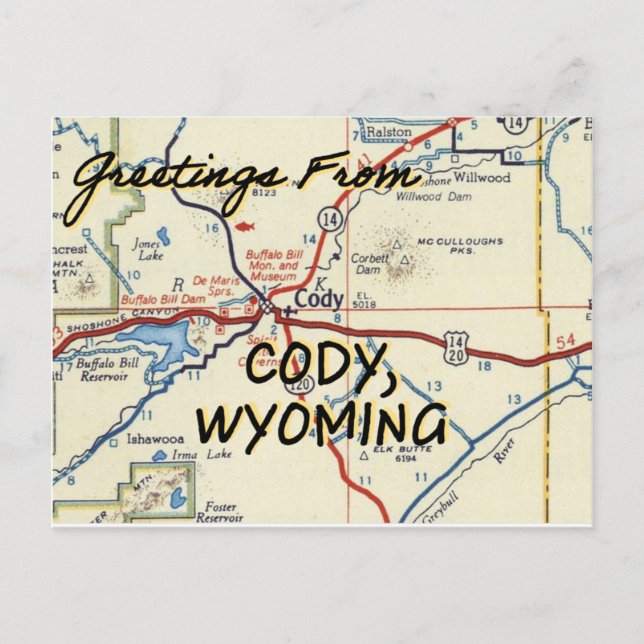 Cody Wyoming Vintage Map Postcard (Front)