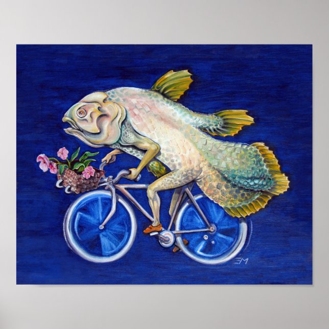 Coelacanth Riding a Bicycle With Flowers Poster (Front)