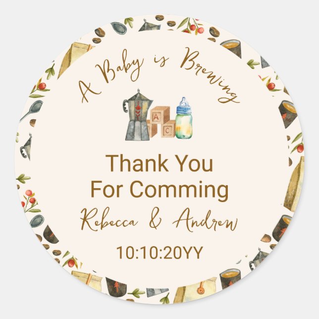 Coffee A Baby is Brewing Baby Shower Thank You Classic Round Sticker (Front)