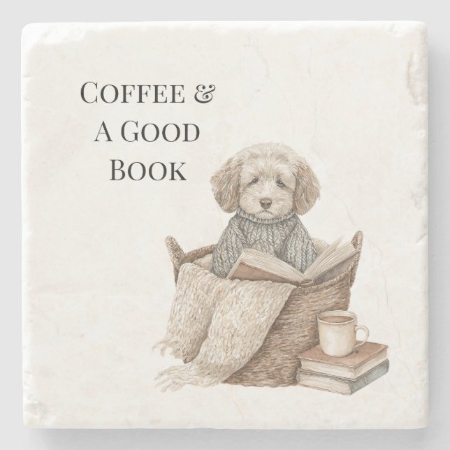 Coffee & A Good Book Dog Basket Stone Coaster (Front)