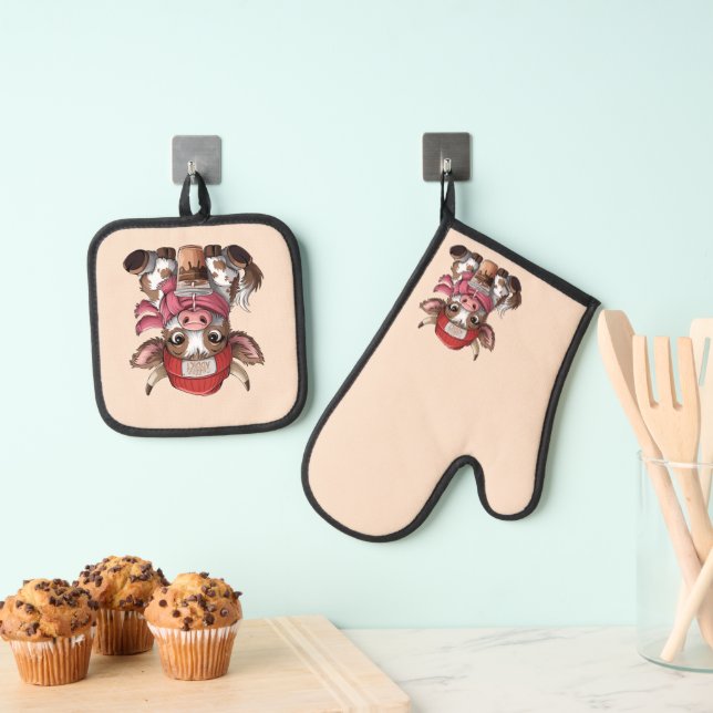 Coffee Addict Cow Oven Mitt & Pot Holder Set (Insitu(Hanging))