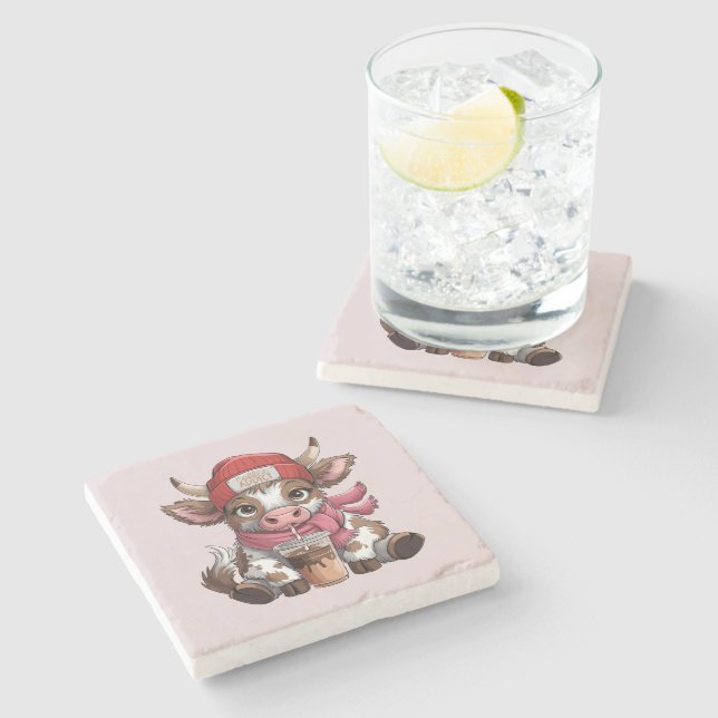 Coffee Addict Cow Stone Coaster (Side)