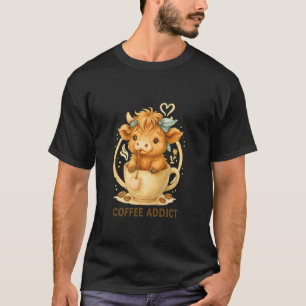 Coffee Addict Cute Highland Cow in Mug T-Shirt