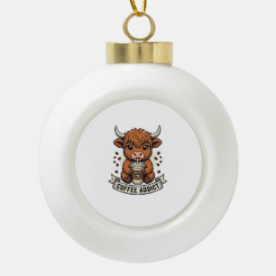Coffee Addict Cute Highland Cow Vintage Engraving  Ceramic Ball Christmas Ornament