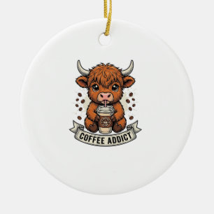 Coffee Addict Cute Highland Cow Vintage Engraving  Ceramic Tree Decoration