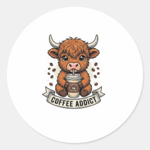 Coffee Addict Cute Highland Cow Vintage Engraving Classic Round Sticker
