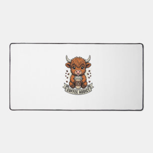 Coffee Addict Cute Highland Cow Vintage Engraving  Desk Mat