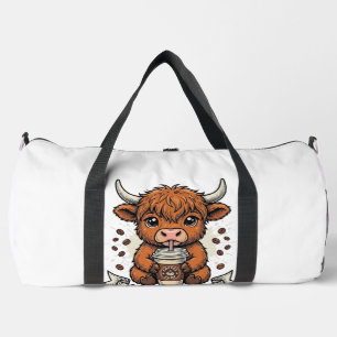 Coffee Addict Cute Highland Cow Vintage Engraving Duffle Bag