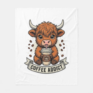 Coffee Addict Cute Highland Cow Vintage Engraving  Fleece Blanket