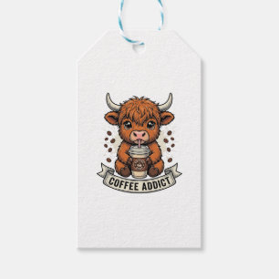 Coffee Addict Cute Highland Cow Vintage Engraving  Gift Tags