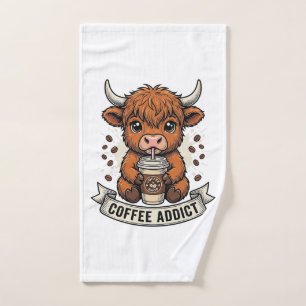 Coffee Addict Cute Highland Cow Vintage Engraving Hand Towel