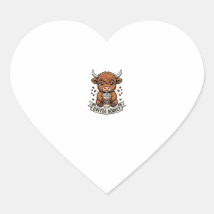 Coffee Addict Cute Highland Cow Vintage Engraving  Heart Sticker