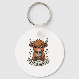 Coffee Addict Cute Highland Cow Vintage Engraving  Key Ring