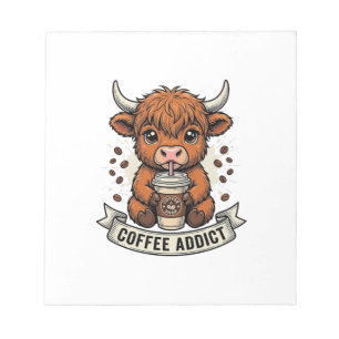 Coffee Addict Cute Highland Cow Vintage Engraving Notepad