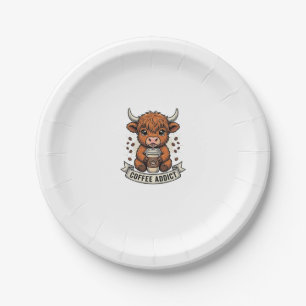 Coffee Addict Cute Highland Cow Vintage Engraving  Paper Plate