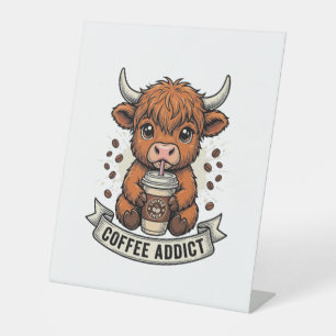 Coffee Addict Cute Highland Cow Vintage Engraving  Pedestal Sign