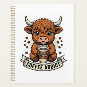 Coffee Addict Cute Highland Cow Vintage Engraving  Planner