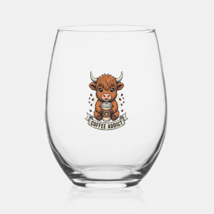 Coffee Addict Cute Highland Cow Vintage Engraving  Stemless Wine Glass