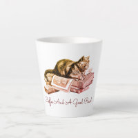 Coffee And A Good Read Cat Lying On Stack Of Books