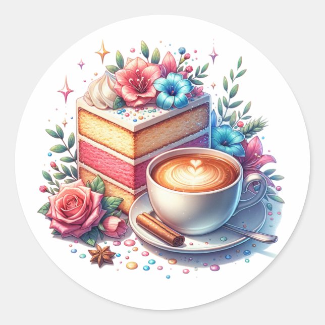 Coffee and Birthday Cake Classic Round Sticker (Front)