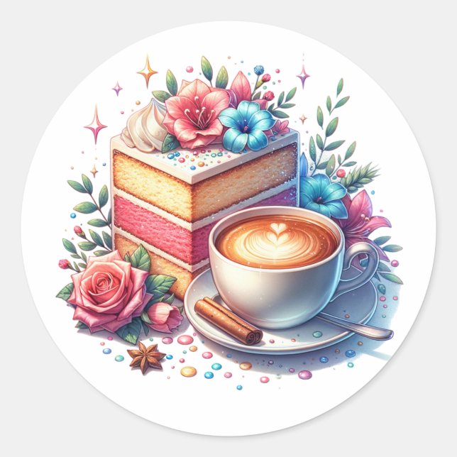Coffee and Birthday Cake Classic Round Sticker (Front)