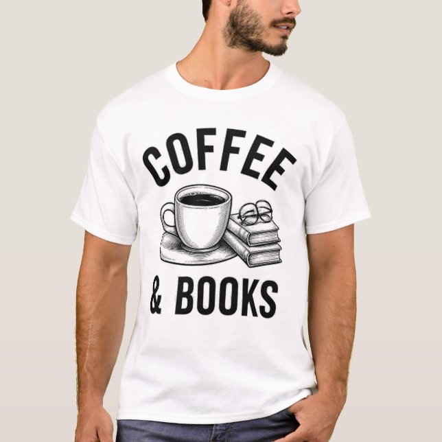 Coffee and Books Minimalist Line Art Reader T-Shirt (Front)