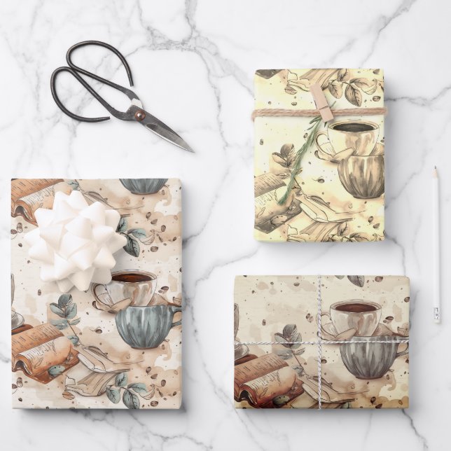 Coffee and books watercolor pattern wrapping paper sheet (Front)
