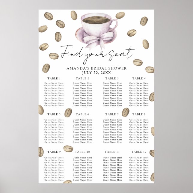 Coffee and Bow Bridal shower seating chart (Front)