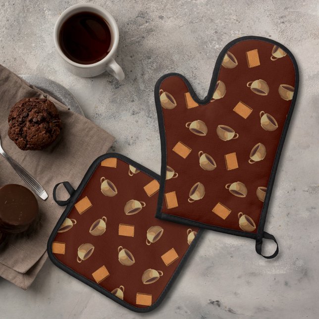   Coffee and Chocolate Biscuits Pattern Brown Food Oven Mitt & Pot Holder Set (Creator Uploaded)