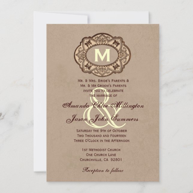 Coffee and Chocolate Vintage Monogram Wedding Invitation (Front)