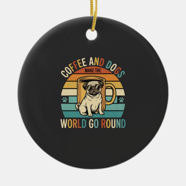 Coffee and Dogs Retro Pug Lover Ceramic Tree Decoration (Front)
