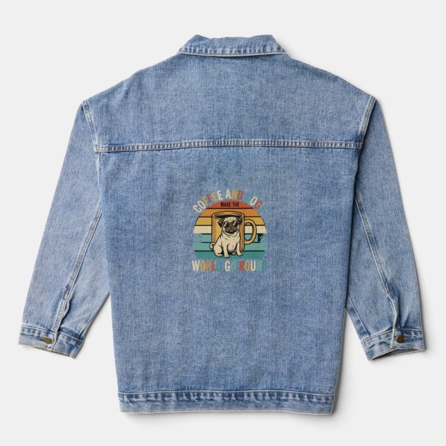 Coffee and Dogs Retro Pug Lover Denim Jacket (Back)