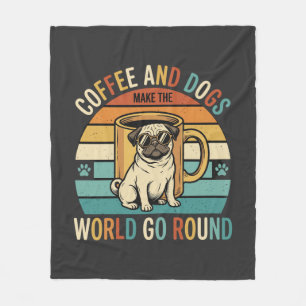 Coffee and Dogs Retro Pug Lover Fleece Blanket