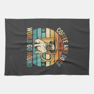 Coffee and Dogs Retro Pug Lover Tea Towel