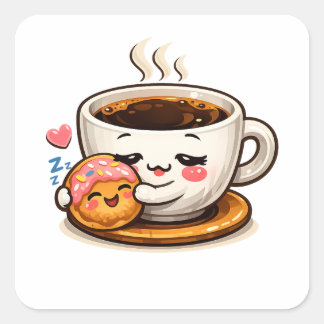 Coffee and Donut Cute Cartoon | Food Lover Design Square Sticker