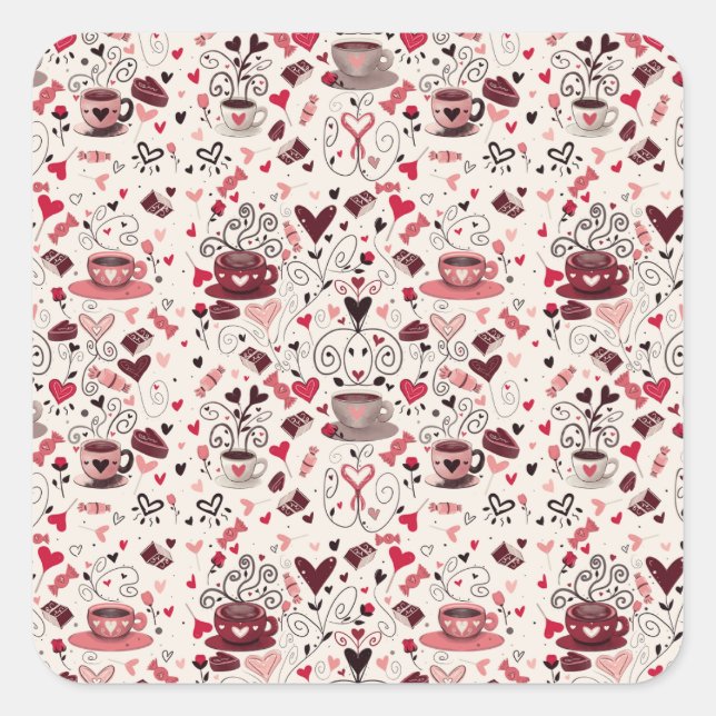 Coffee and hearts square sticker (Front)