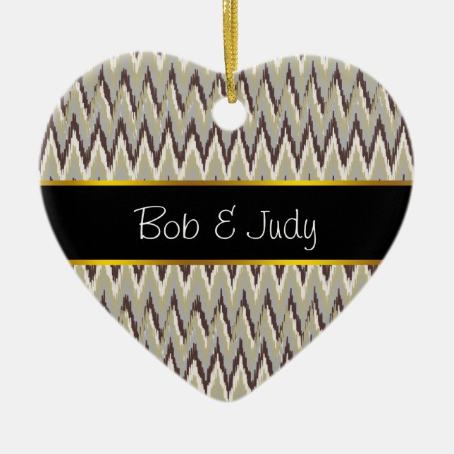 Coffee and Sage iKat ZigZag Pattern Ceramic Tree Decoration (Front)
