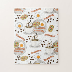 Coffee and Savory Breakfast Bacon   Eggs Pattern Jigsaw Puzzle